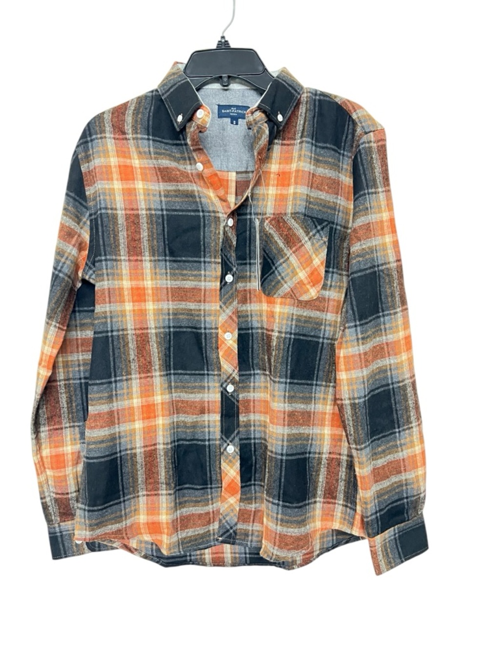 New Mens Rue Saint‎ Patrick Orange & Navy Flannel Plaid Button-Up Shirt